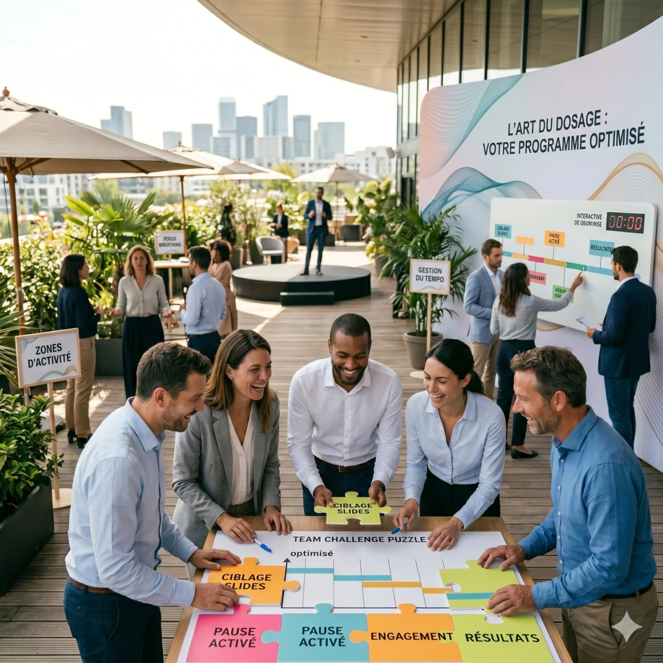 Atelier de gamification en extérieur avec un puzzle d'équipe géant.