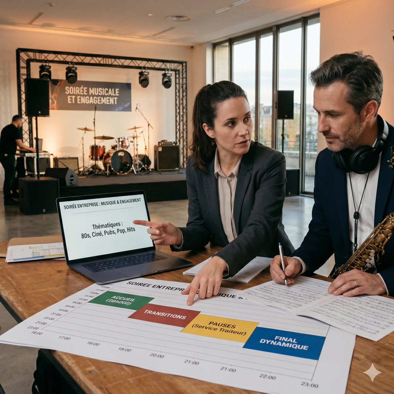 Une organisatrice et un musicien étudient un planning chronologique et des thématiques musicales sur une table.
