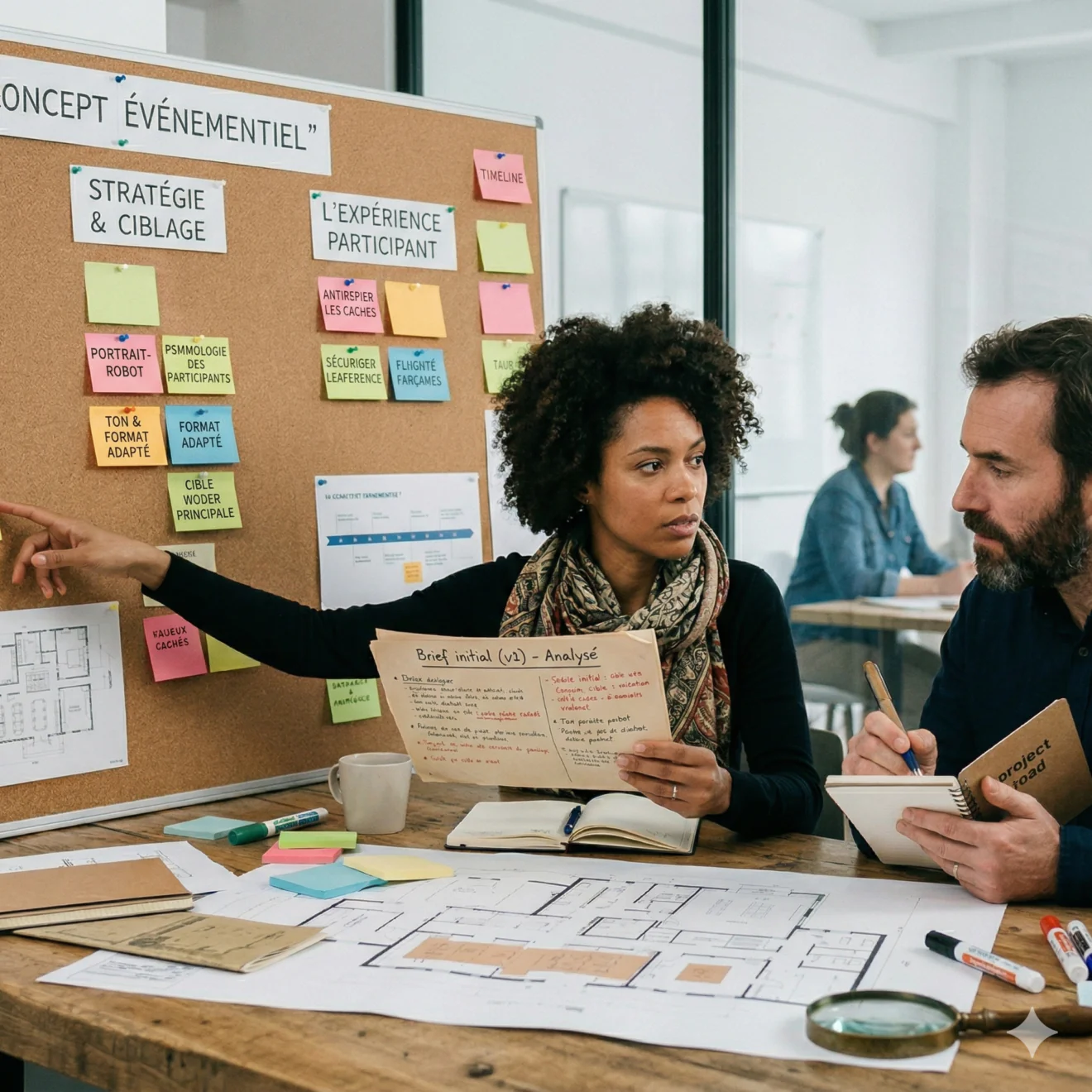 Travail de ciblage et d'analyse psychologique. Une collaboratrice confronte le brief initial à une stratégie structurée par post-its.