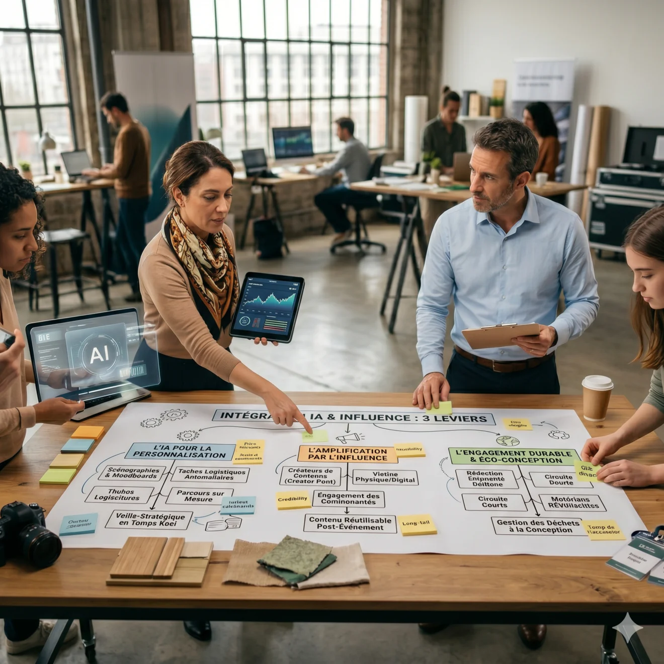 Un groupe collabore dans un studio autour d'un plan d'action détaillant l'IA, l'influence et l'éco-conception avec des échantillons de matériaux.