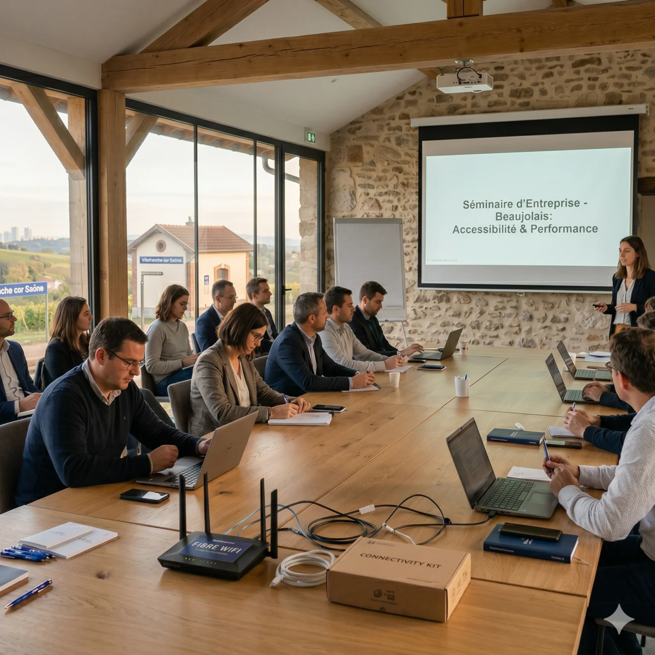 Séminaire connecté dans une salle de caractère avec équipements HD.