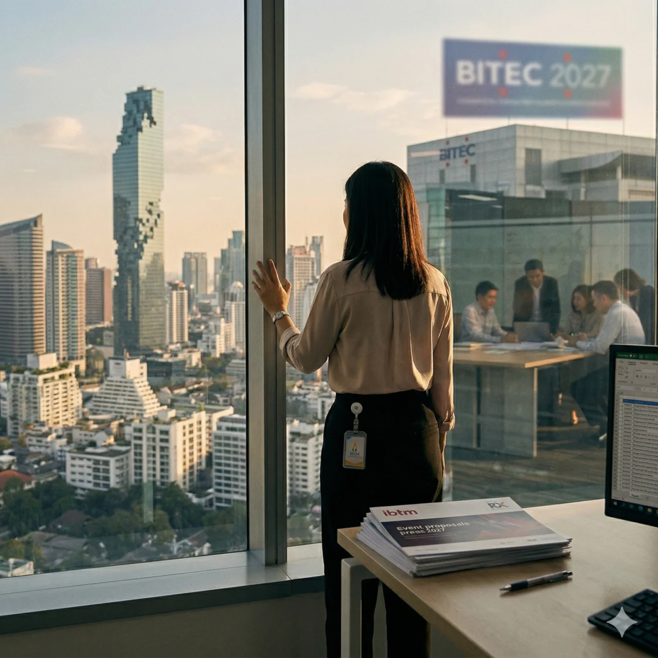 Vue sur la skyline de Bangkok depuis un bureau stratégique.