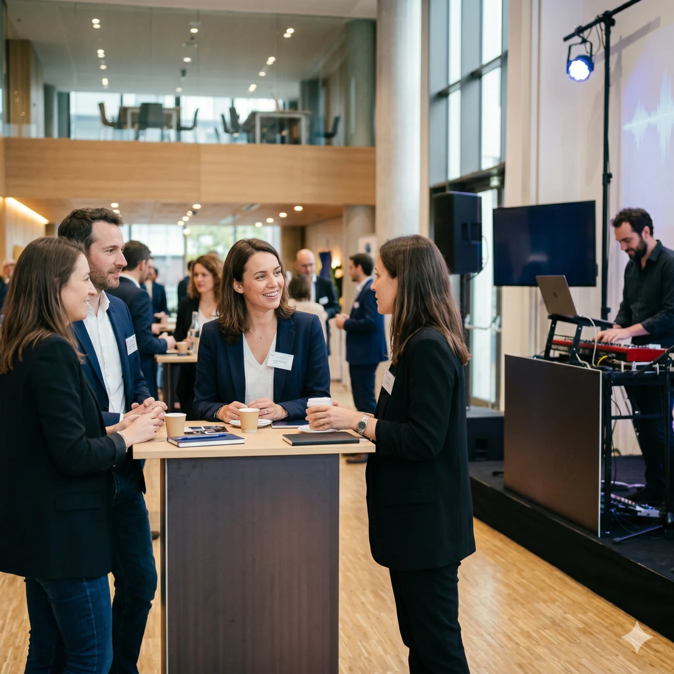 Groupe de collaborateurs discutant joyeusement autour d'une table haute lors d'un événement B2B sonorisé.