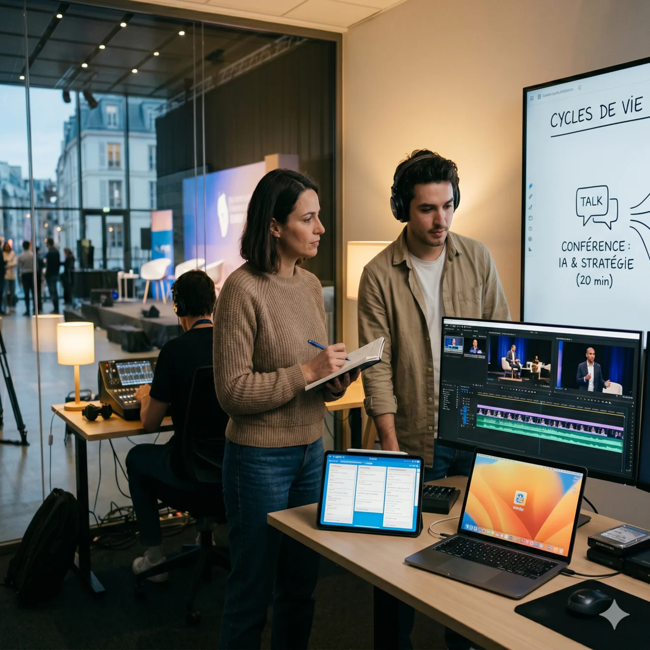 Binôme de créateurs devant un schéma mural expliquant la transformation d'une conférence en multiples contenus digitaux.