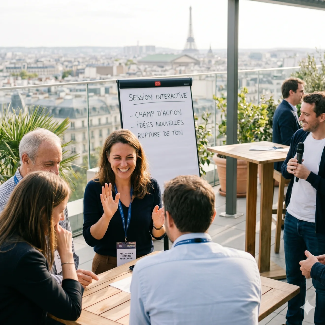 Un atelier collaboratif et souriant en plein air sur un rooftop parisien face à la tour Eiffel.