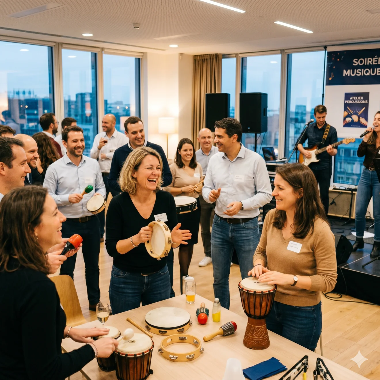 Atelier de team building dynamique où des employés rient en jouant du djembé et du tambourin.