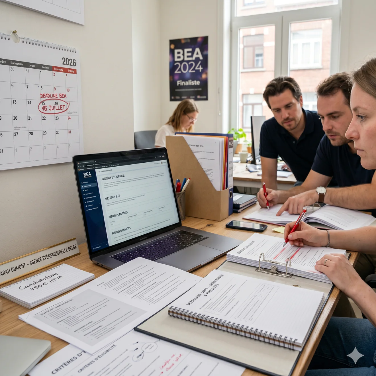 Une professionnelle de l'événementiel travaille rigoureusement sur un dossier de candidature papier et numérique, avec la deadline du 15 juillet en rappel.