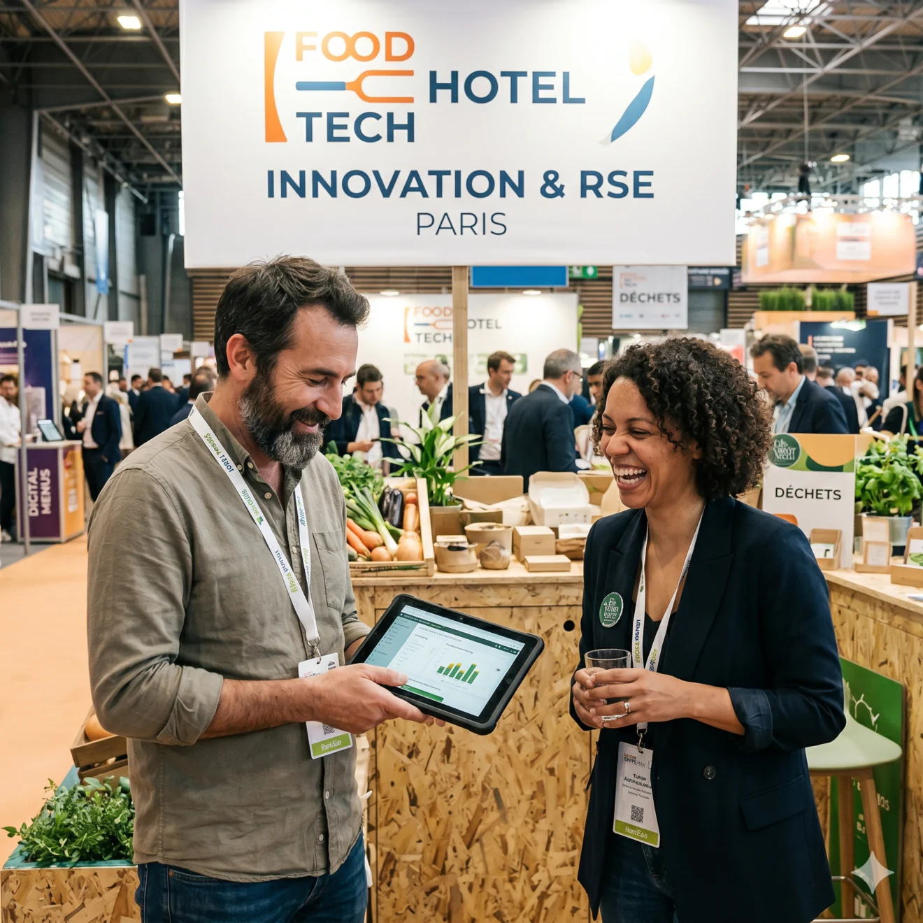 Échange décontracté entre deux exposants devant une enseigne "Innovation & RSE" avec une tablette.