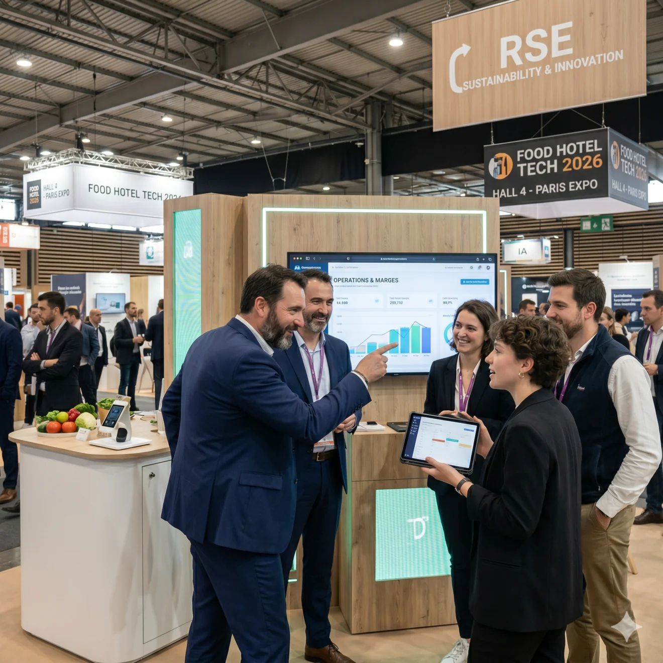 Démonstration d'un tableau de bord de rentabilité sur un stand du salon Food Hotel Tech 2026.