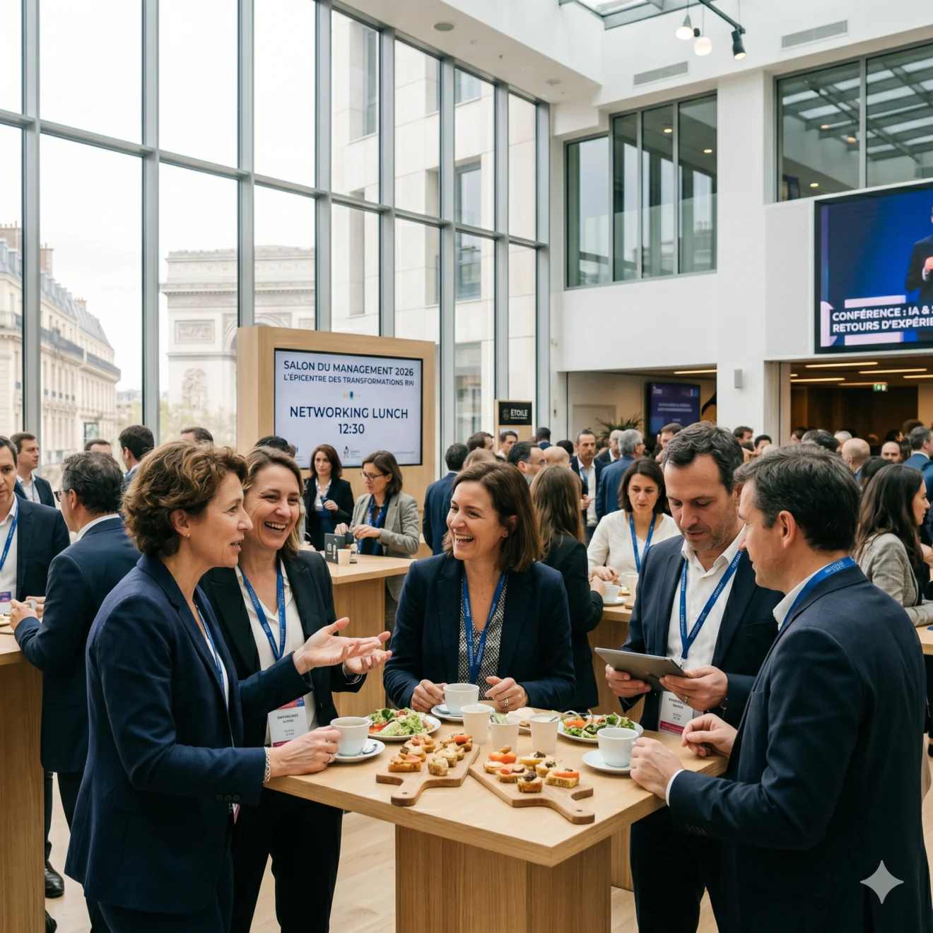 Networking de leaders devant la scène principale du Salon du Management 2026.