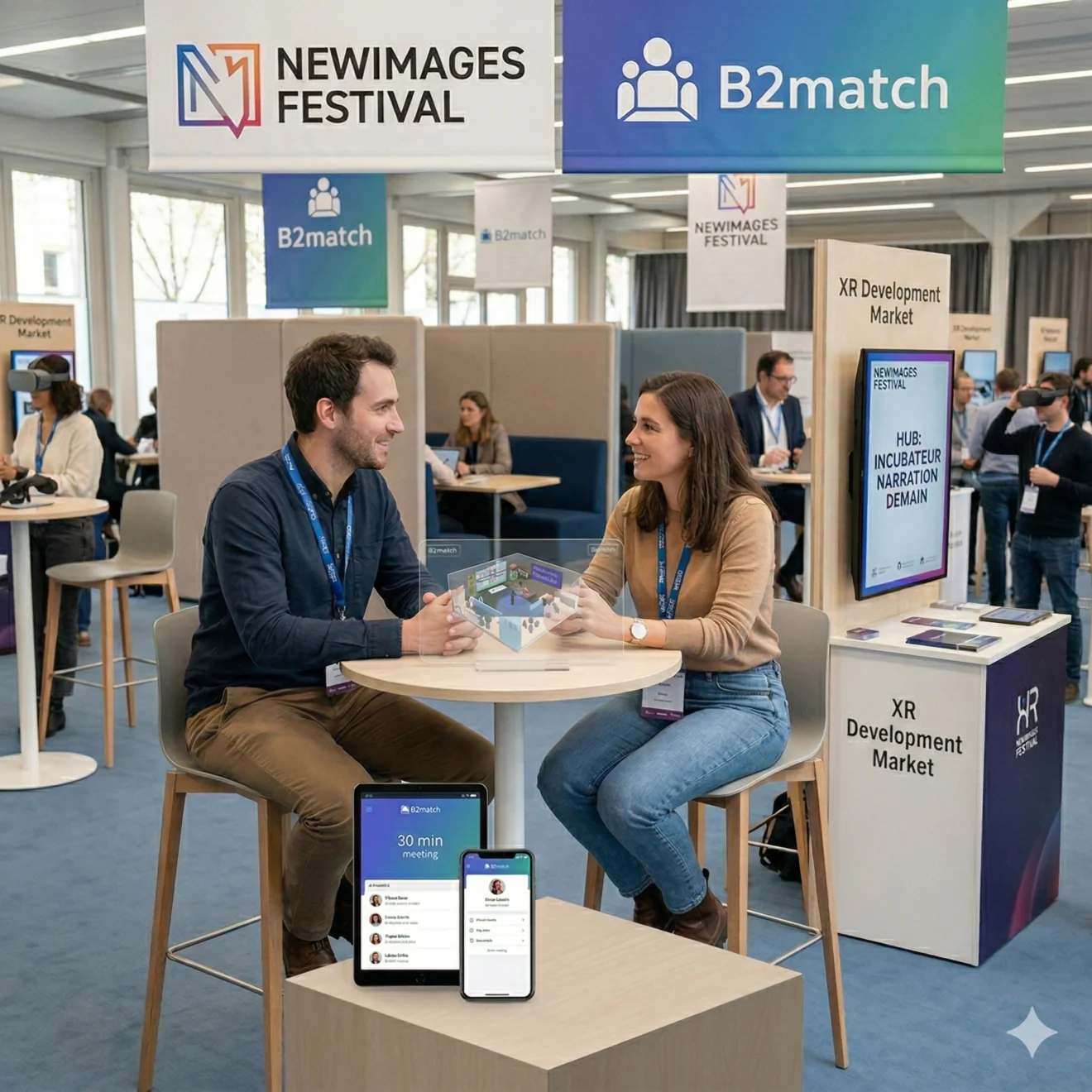 Deux experts échangent sur un stand B2match devant une interface numérique, illustrant le networking et le "XR Development Market".