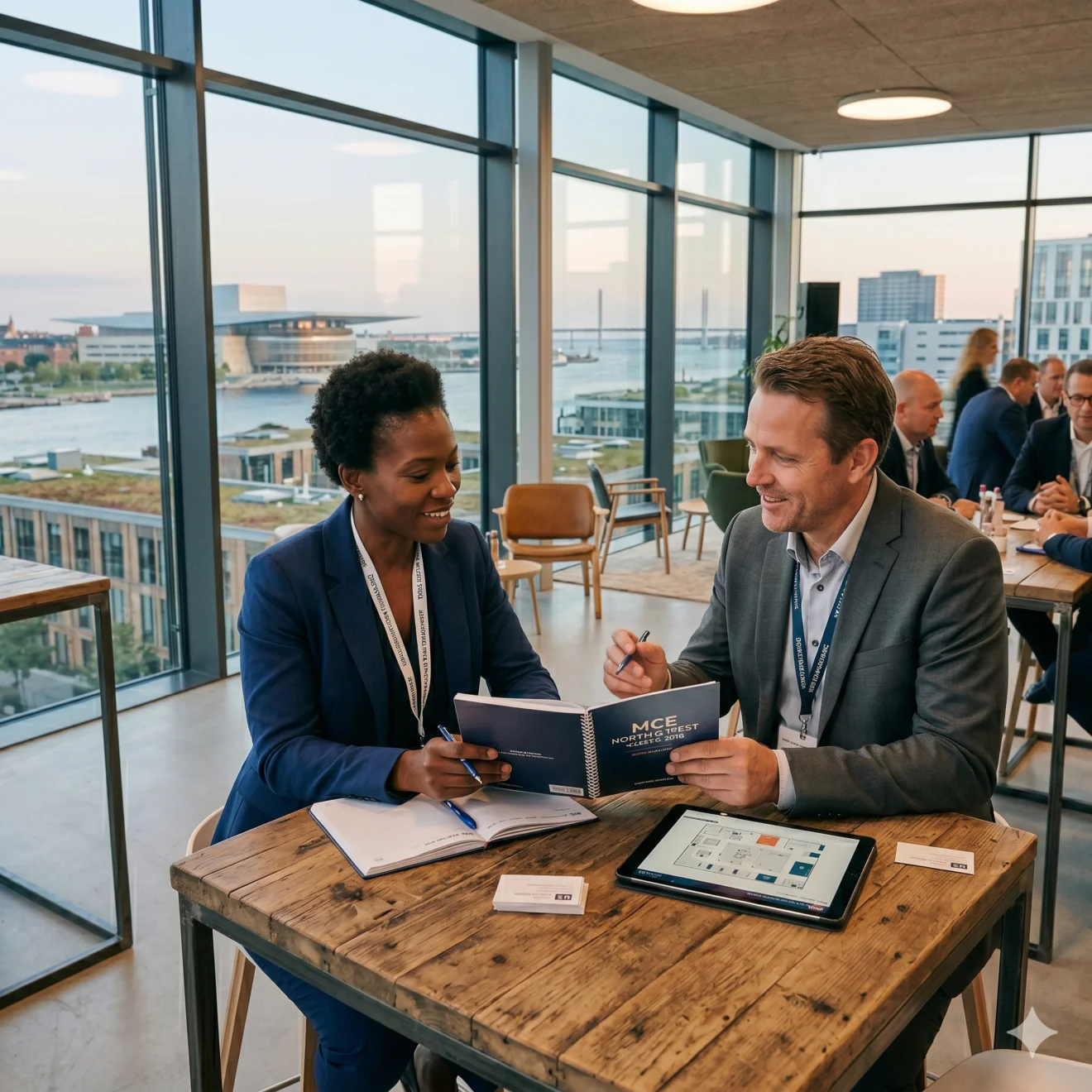 Networking professionnel dans un salon vitré avec vue panoramique sur le port.