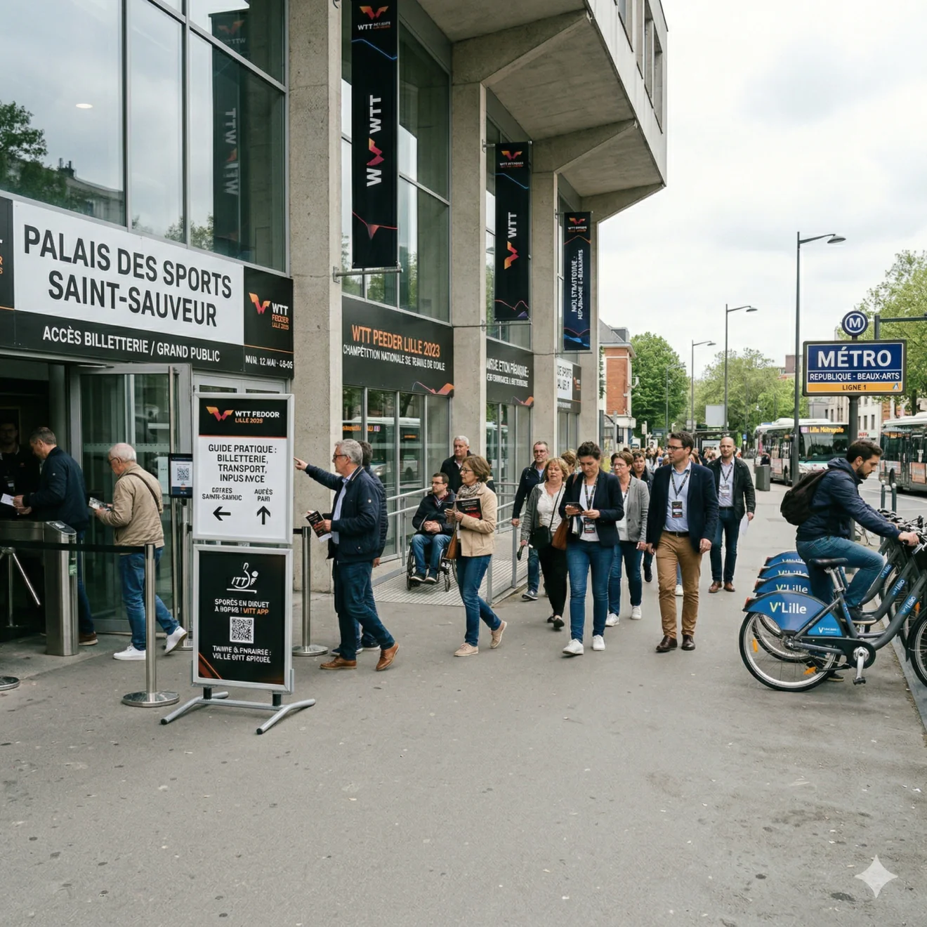 Parvis de Palais des Sports et transports urbains.