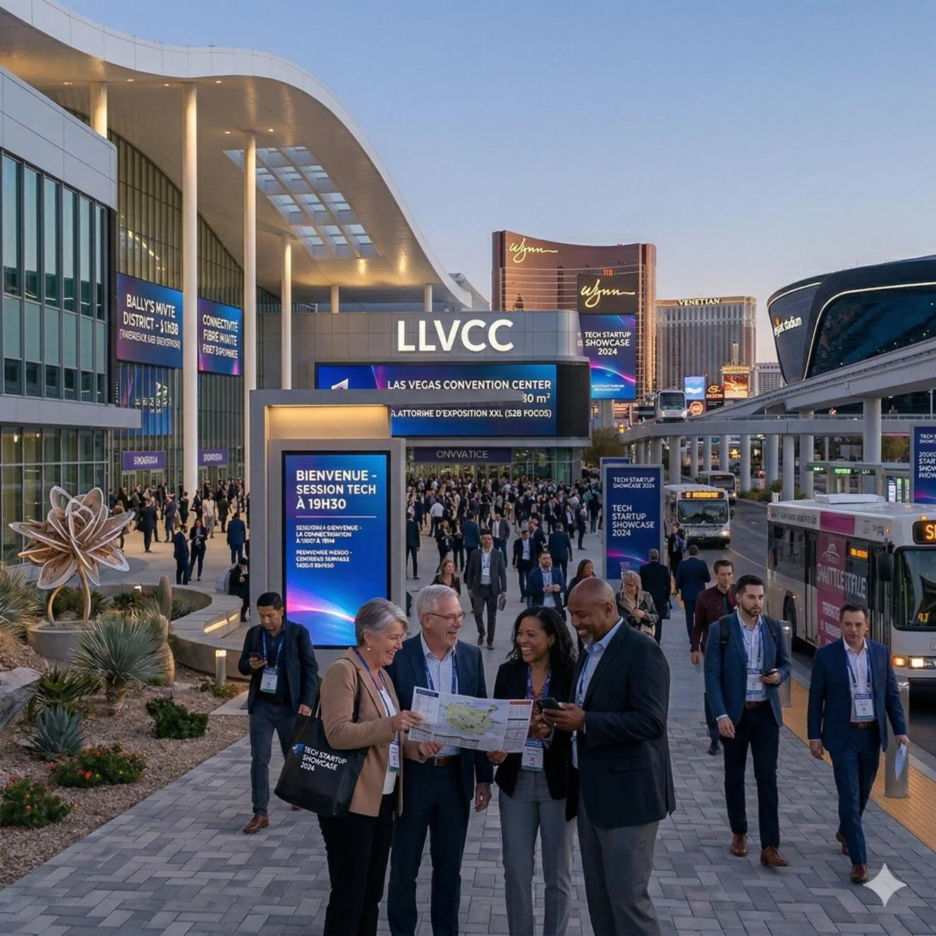 Quatre congressistes discutent en souriant autour d'un plan devant le centre de convention, avec des bus et le monorail à proximité.
