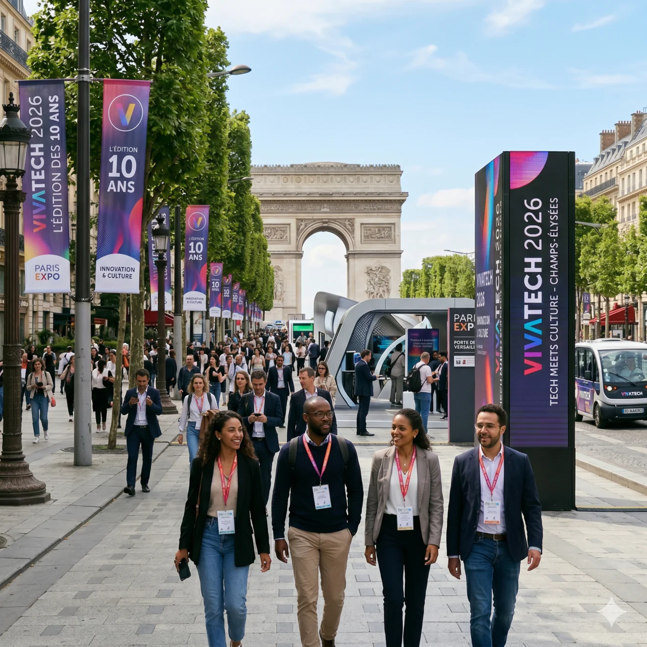 Quatre professionnels avec badges marchant sur les Champs-Élysées pavoisés aux couleurs de VivaTech 2026, devant l'Arc de Triomphe.