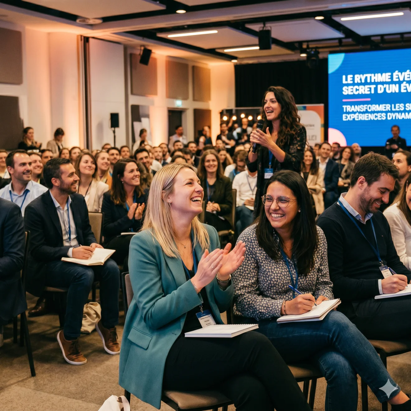 Une audience conquise et hilare qui applaudit avec enthousiasme dans une salle de conférence moderne
