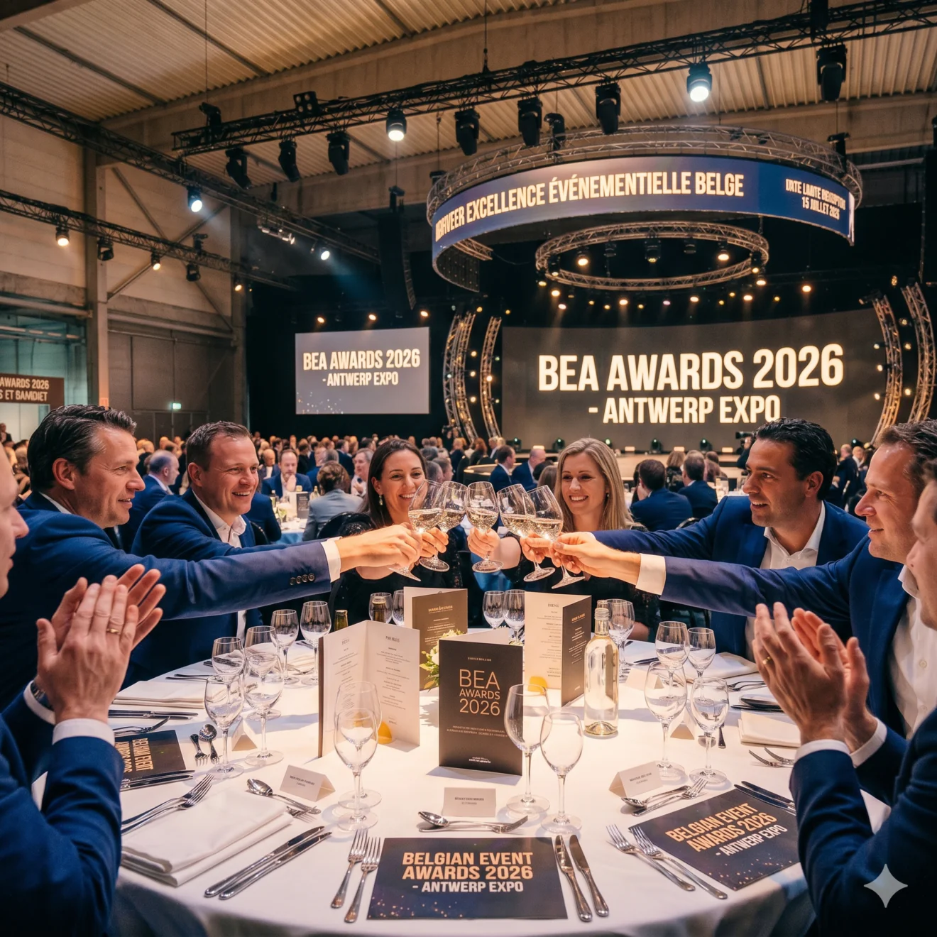 Une tablée d'invités en tenue formelle porte un toast lors de la prestigieuse soirée des BEA Awards 2026 à Antwerp Expo.