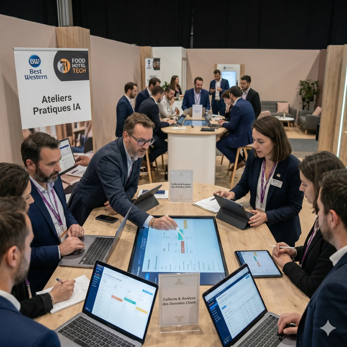 Professionnels en atelier pratique autour d'un écran tactile géant analysant des données clients.