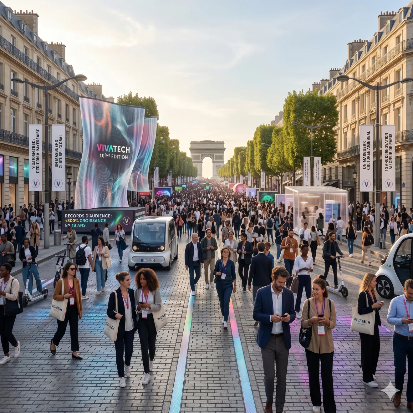 Foule dense et navettes autonomes sur l'avenue transformée en salon tech géant, avec écrans publicitaires futuristes et stands vitrés.