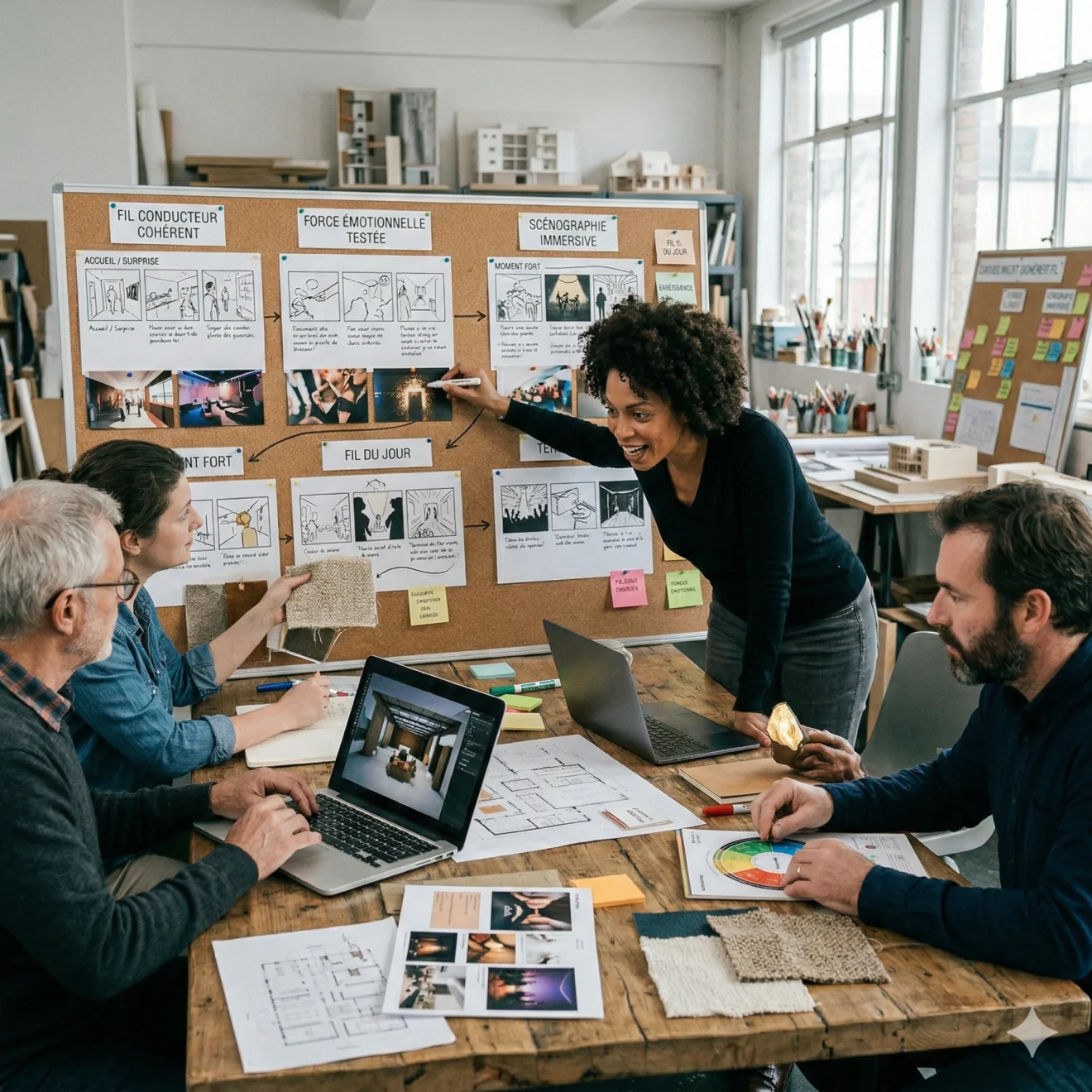 Présentation d'un storyboard narratif et choix de matériaux pour transformer le concept abstrait en scénographie concrète.