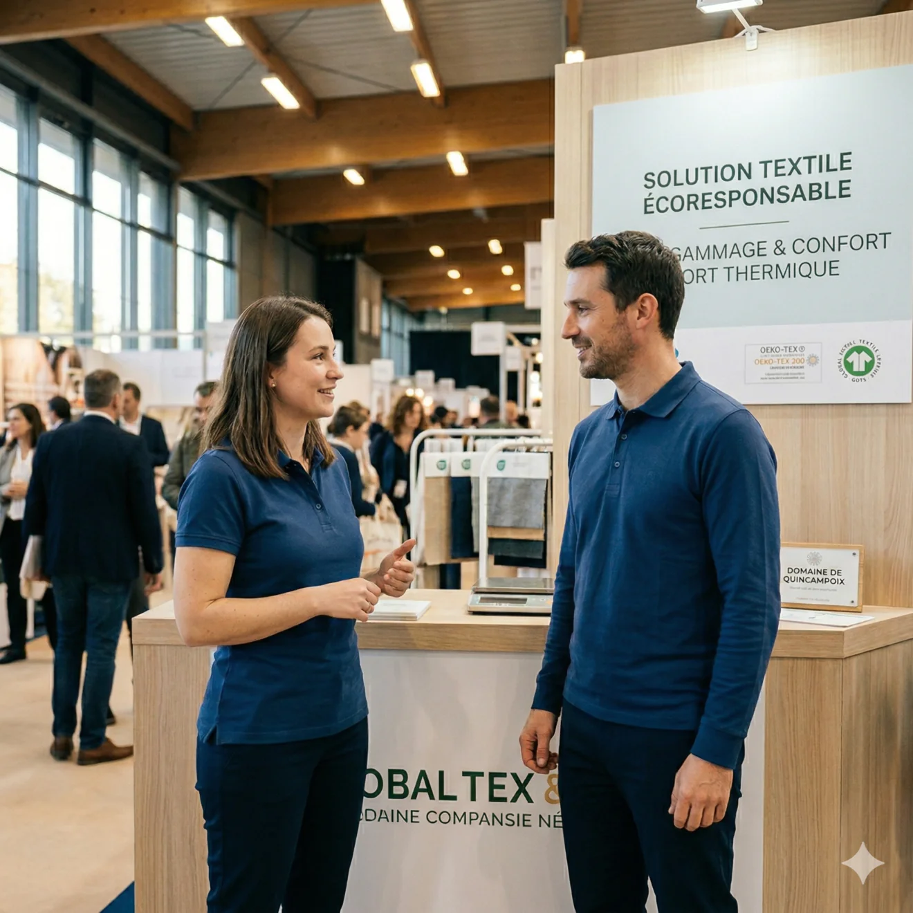 Professionnels en polos sur un salon : l'élégance du textile écoresponsable