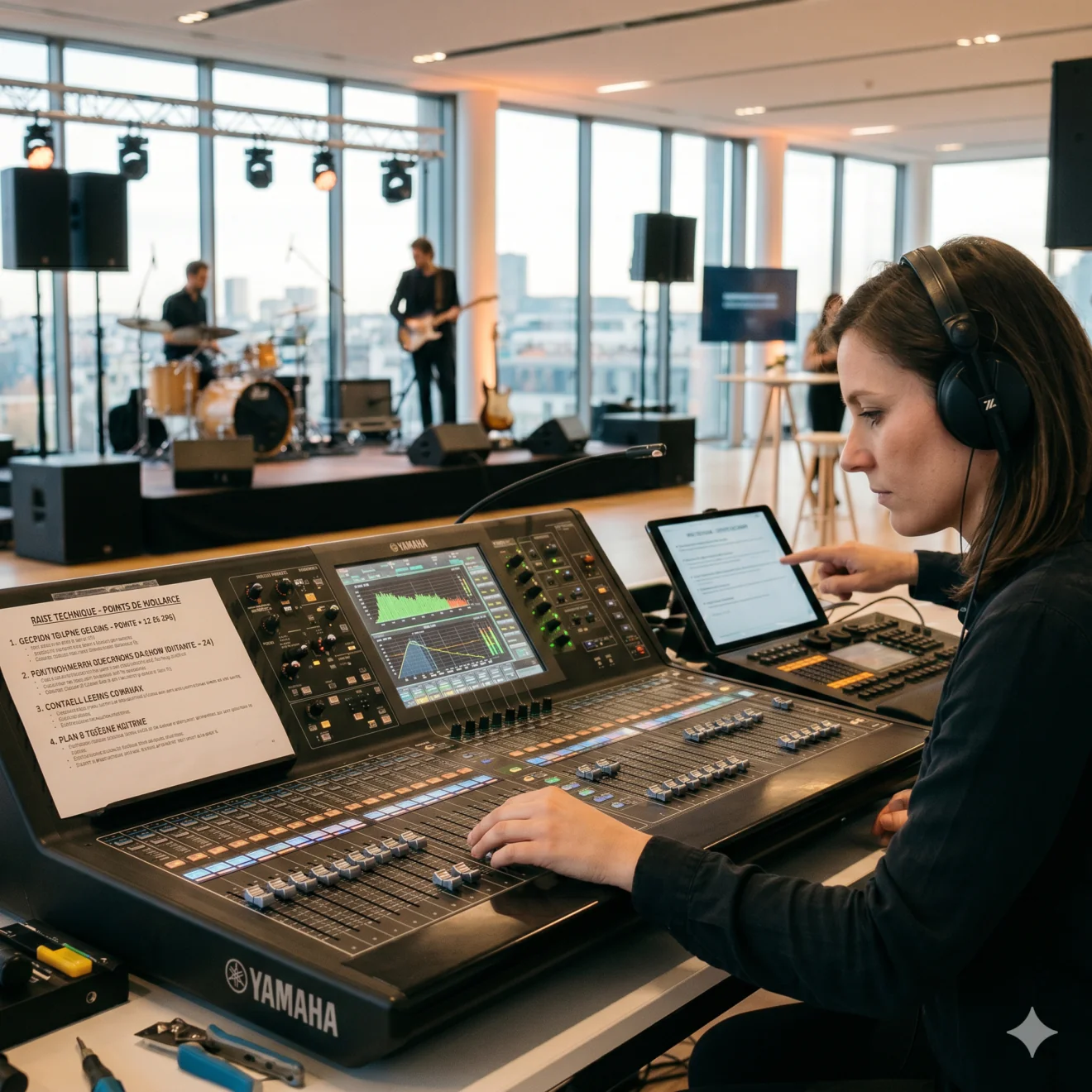 Gros plan sur une technicienne réglant une console de mixage numérique pendant un concert privé en entreprise.