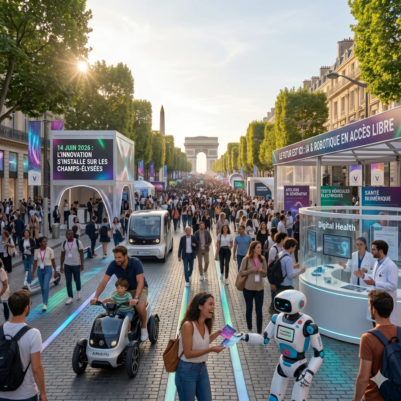 Interaction entre un robot humanoïde et des passants au milieu de pavillons d'exposition dédiés à l'IA et à la mobilité durable.