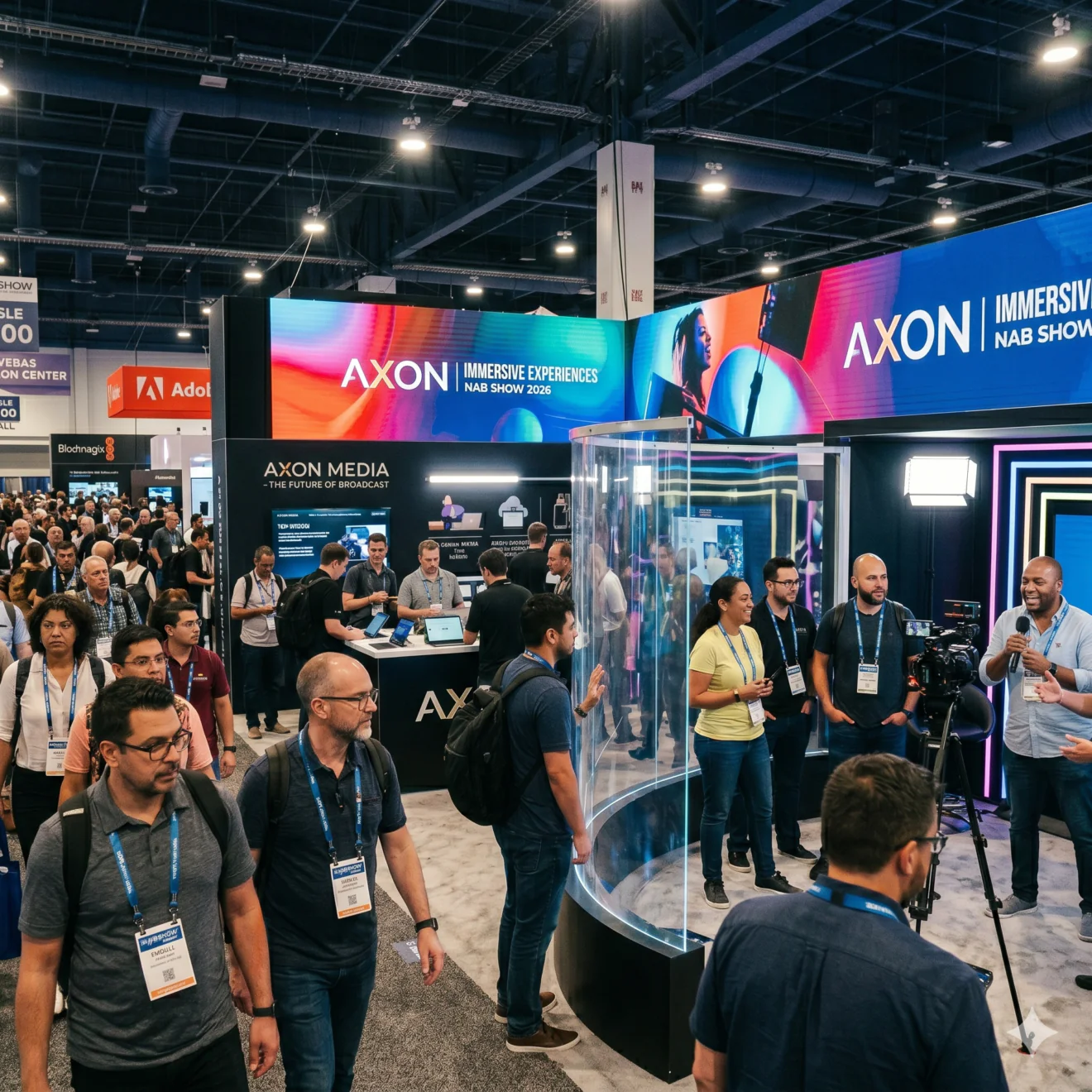L'effervescence du salon autour du stand Axon, mêlant flux de visiteurs et démonstrations vidéo en direct.