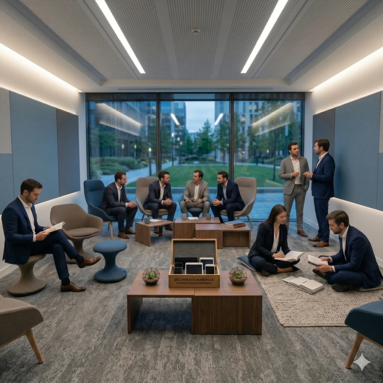 Salon de bureau épuré, déconnexion numérique et lecture calme.