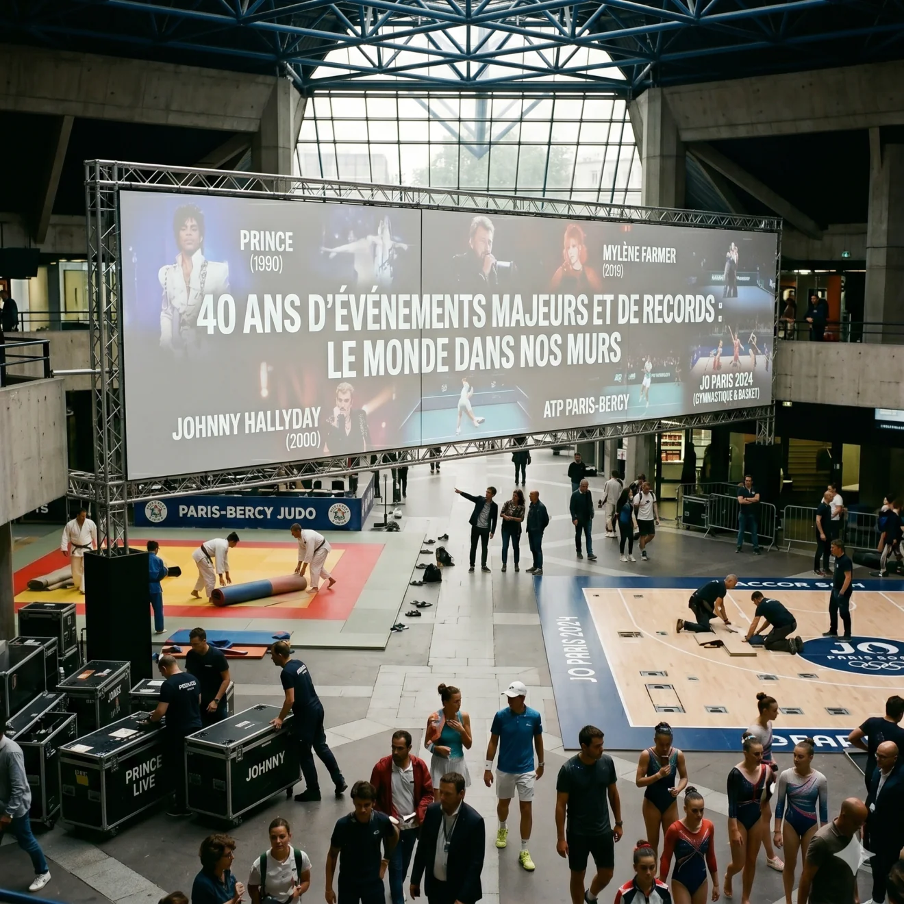 Un grand écran suspendu affiche une rétrospective des 40 ans de l'arène au-dessus d'un hall où s'organisent des zones de judo, de gymnastique et de basket.