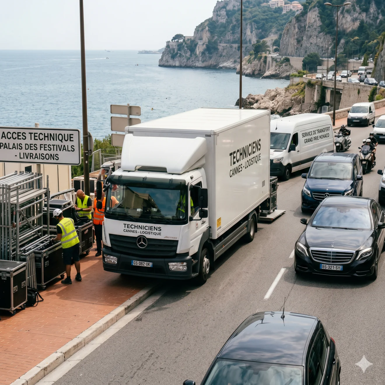 Des camions de livraison et des techniciens en gilets réfléchissants déchargent du matériel événementiel au bord d'une route côtière saturée par le trafic.