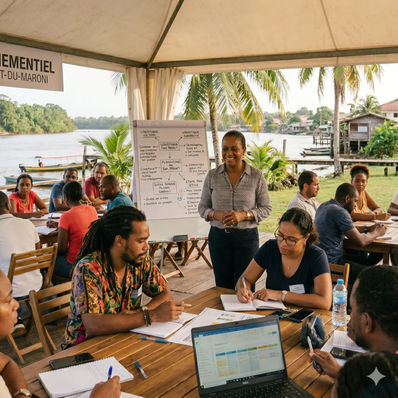 Réunion de formation logistique en extérieur au bord d'un fleuve en Guyane.