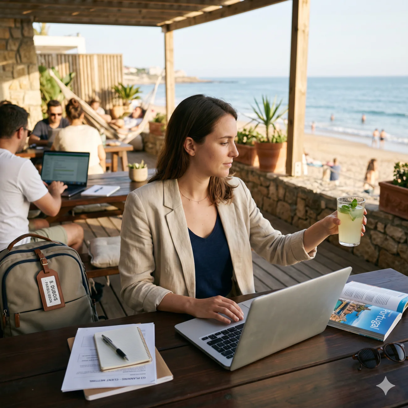 Une femme travaille sur son ordinateur portable depuis la terrasse d'un café avec vue sur la mer.