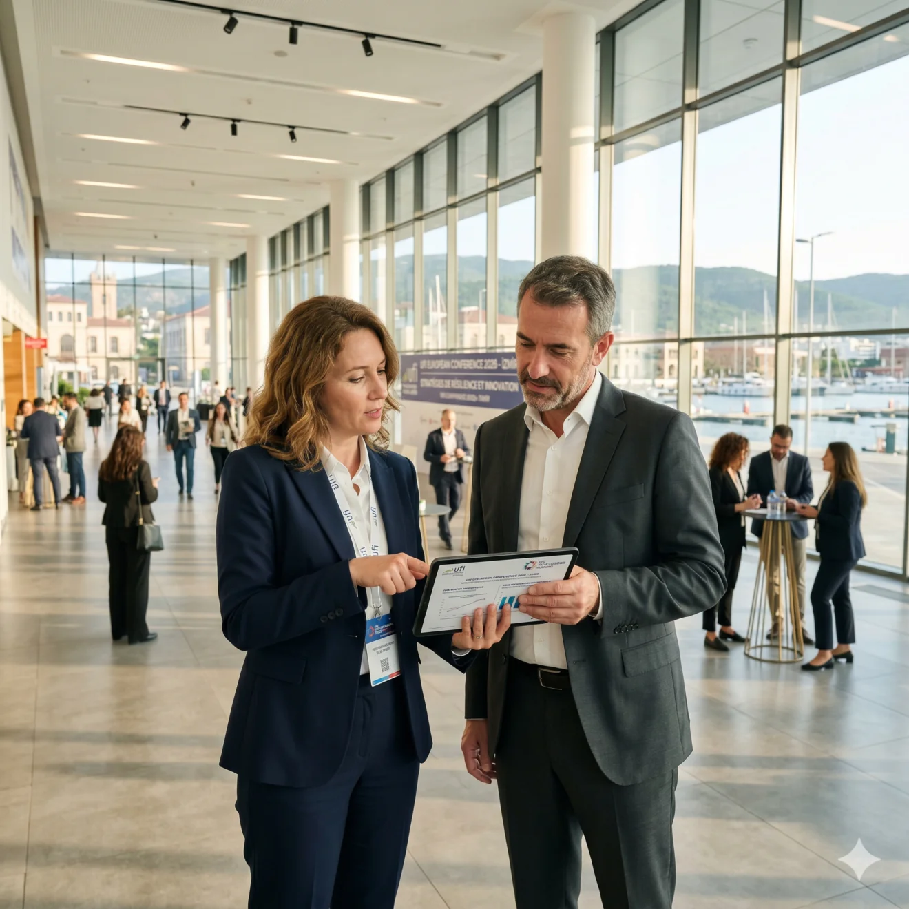 Duo de professionnels discutant autour d'une tablette dans un hall de conférence lumineux face à la mer.