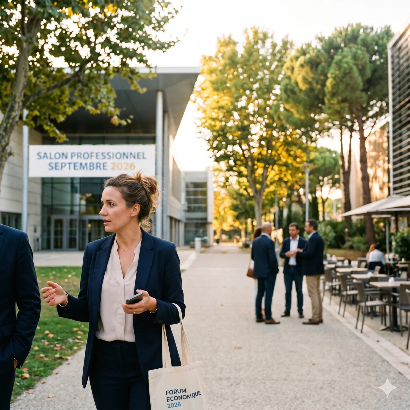 Une femme en tailleur bleu marine marche à l'extérieur d'un centre de congrès où est suspendue une banderole « SALON PROFESSIONNEL SEPTEMBRE 2026 ».