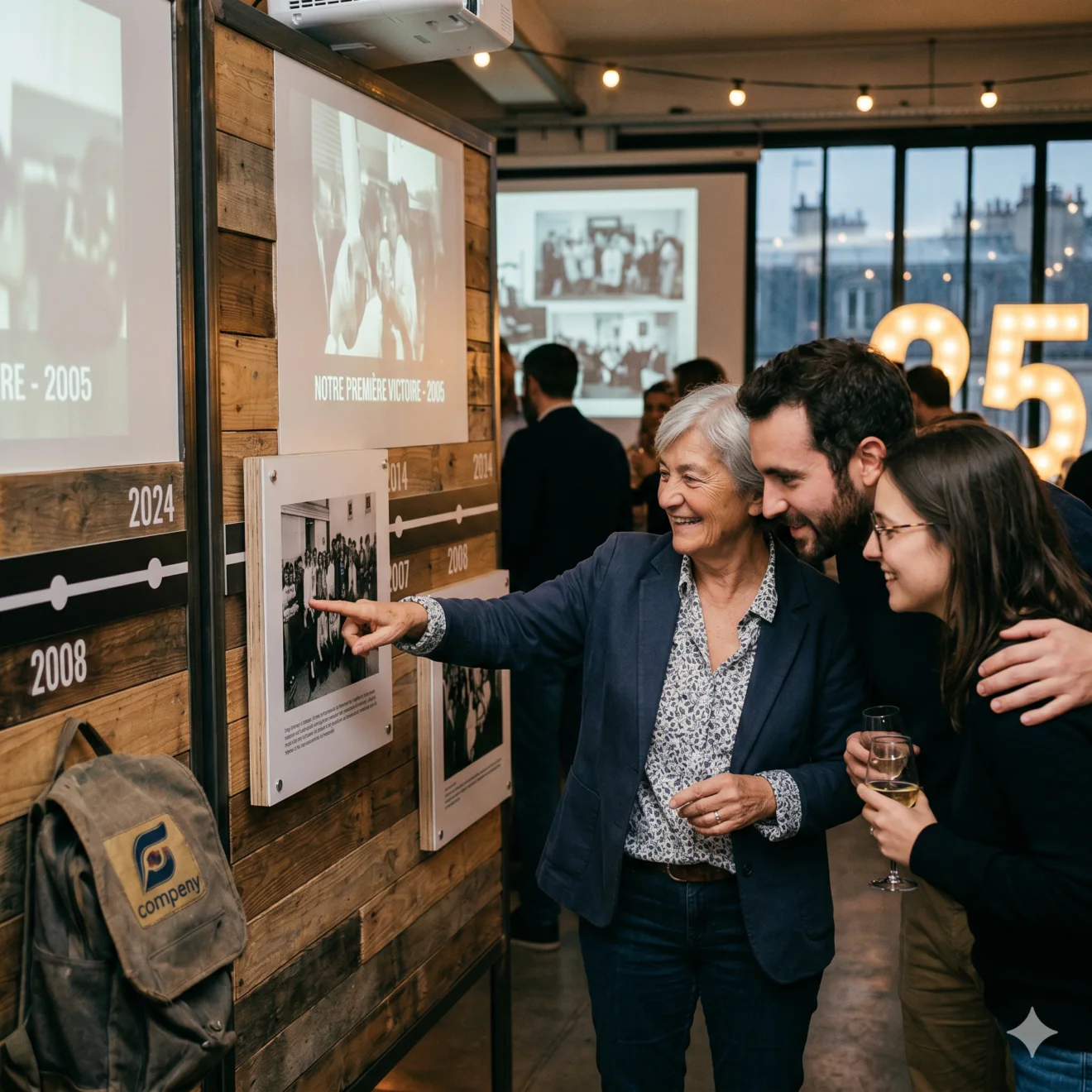 Une femme mûre et un jeune couple sourient devant une frise chronologique murale en bois, retraçant l'histoire d'une entreprise avec des photos d'archives et des dates clés.