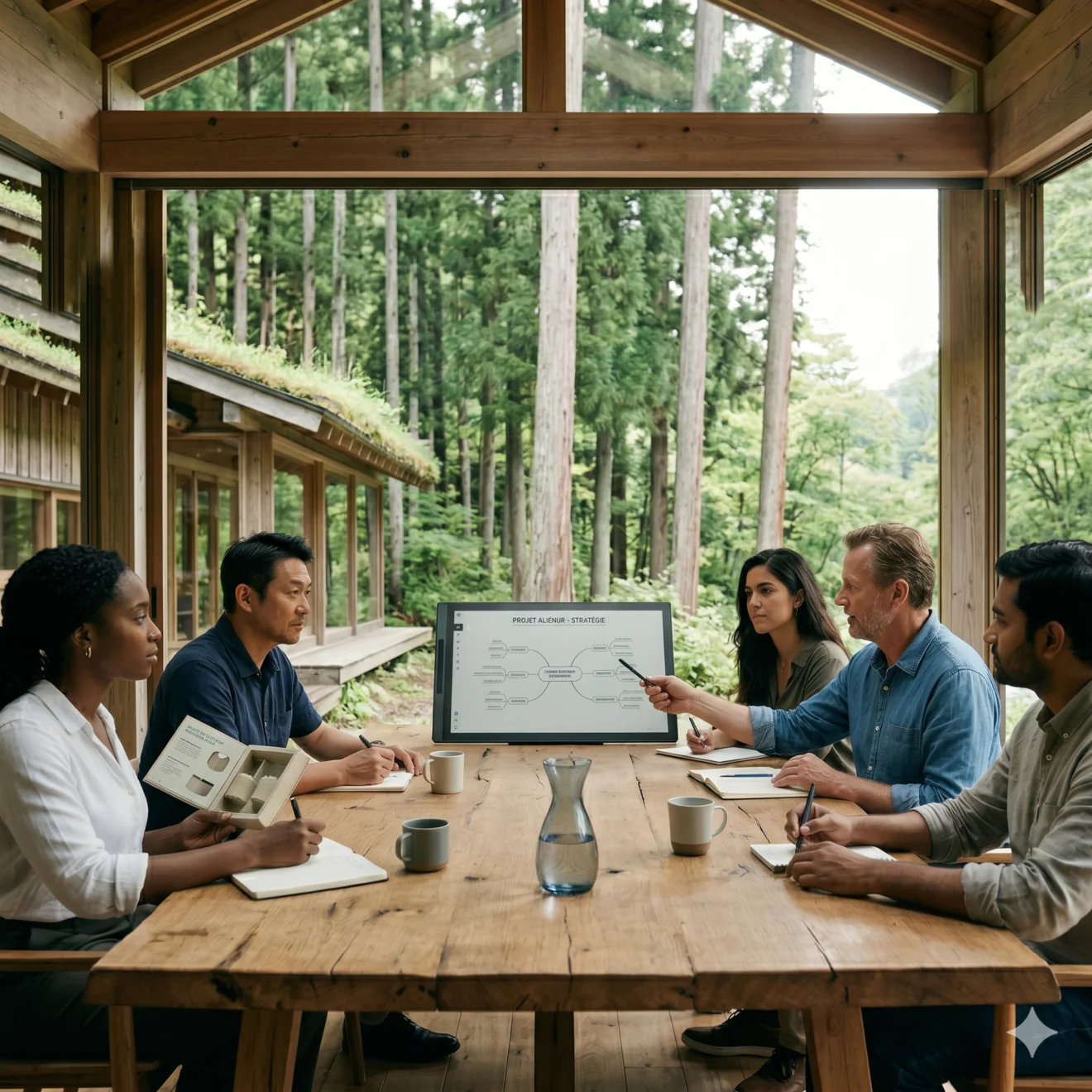 Réunion stratégique en chalet forestier vitré avec écran de travail.