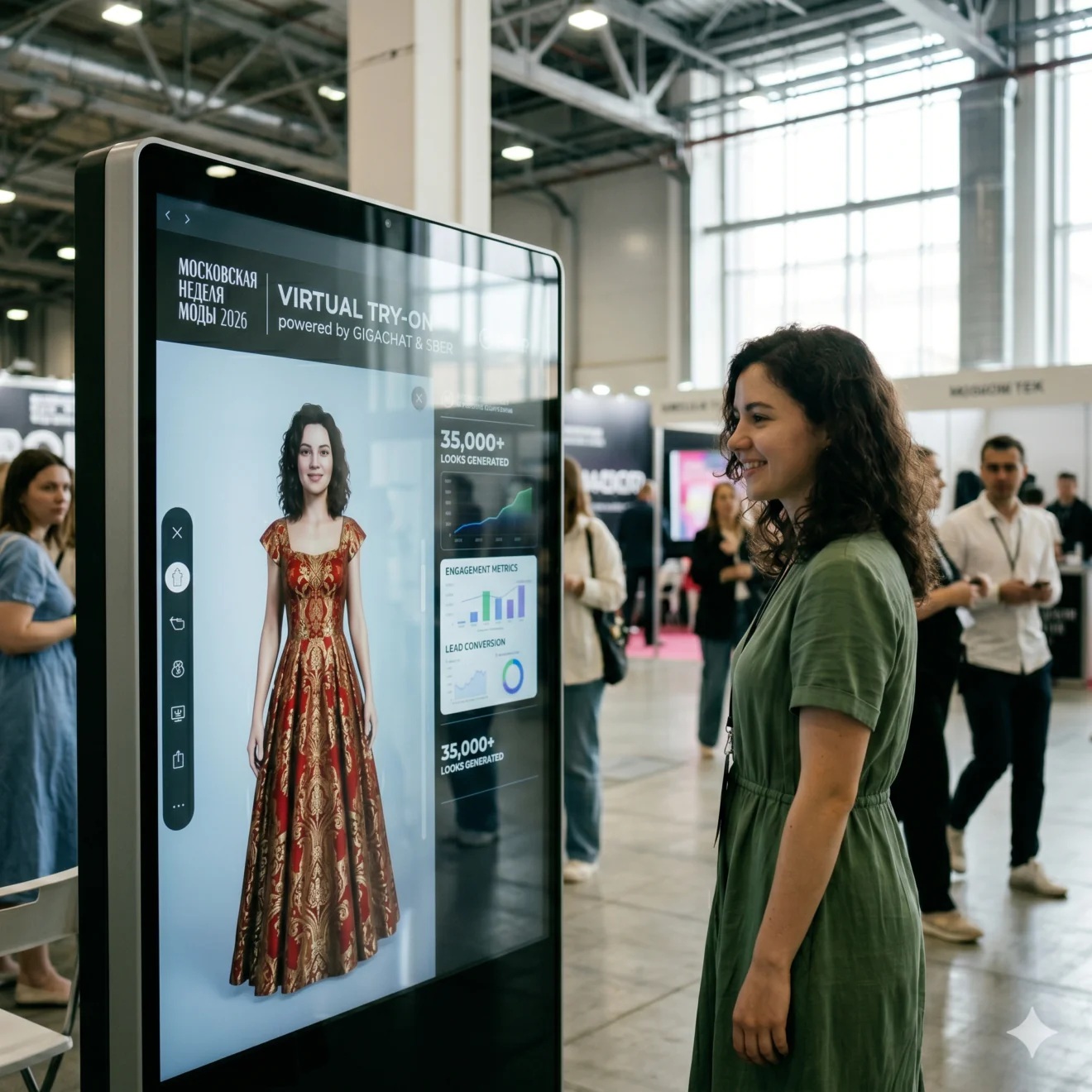 Une visiteuse teste une borne d'essayage virtuel affichant son avatar en robe de soirée.