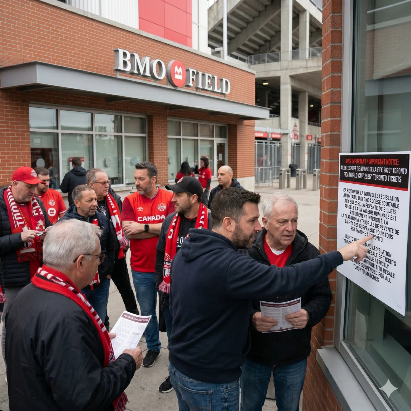 Des fans lisent un avis officiel sur la billetterie affiché devant le BMO Field.