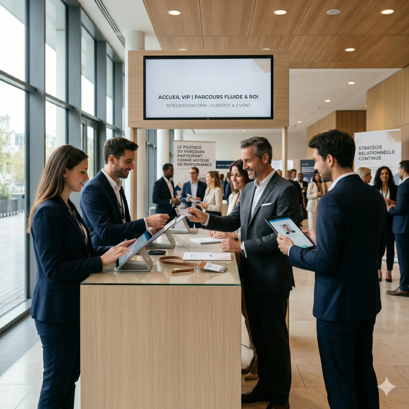 Des invités VIP sont accueillis de manière fluide avec des tablettes numériques.