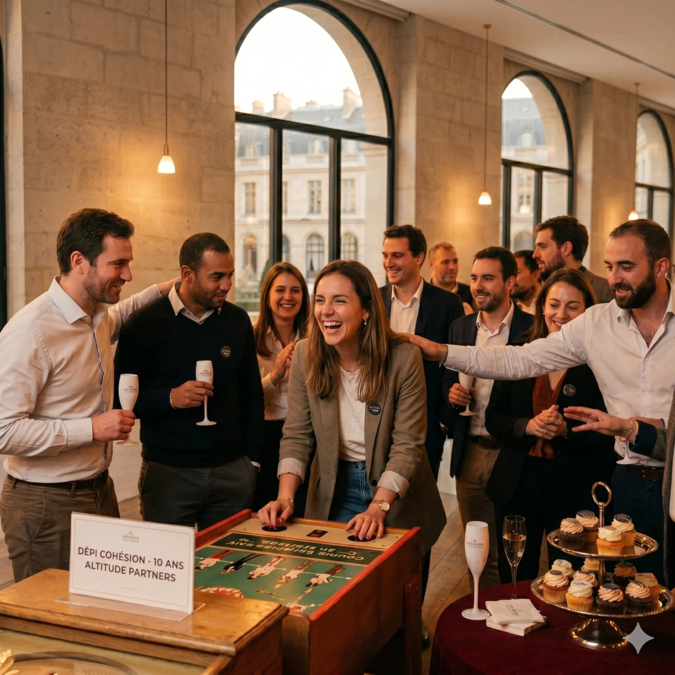 Un groupe de collègues rit autour d'un jeu de café ancien dans un lieu parisien élégant aux grandes fenêtres cintrées, illustrant un moment de partage informel.