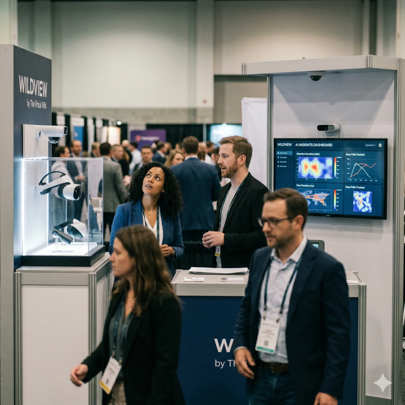 Des visiteurs observent des casques VR sur un stand équipé d'écrans affichant des analyses comportementales par IA.
