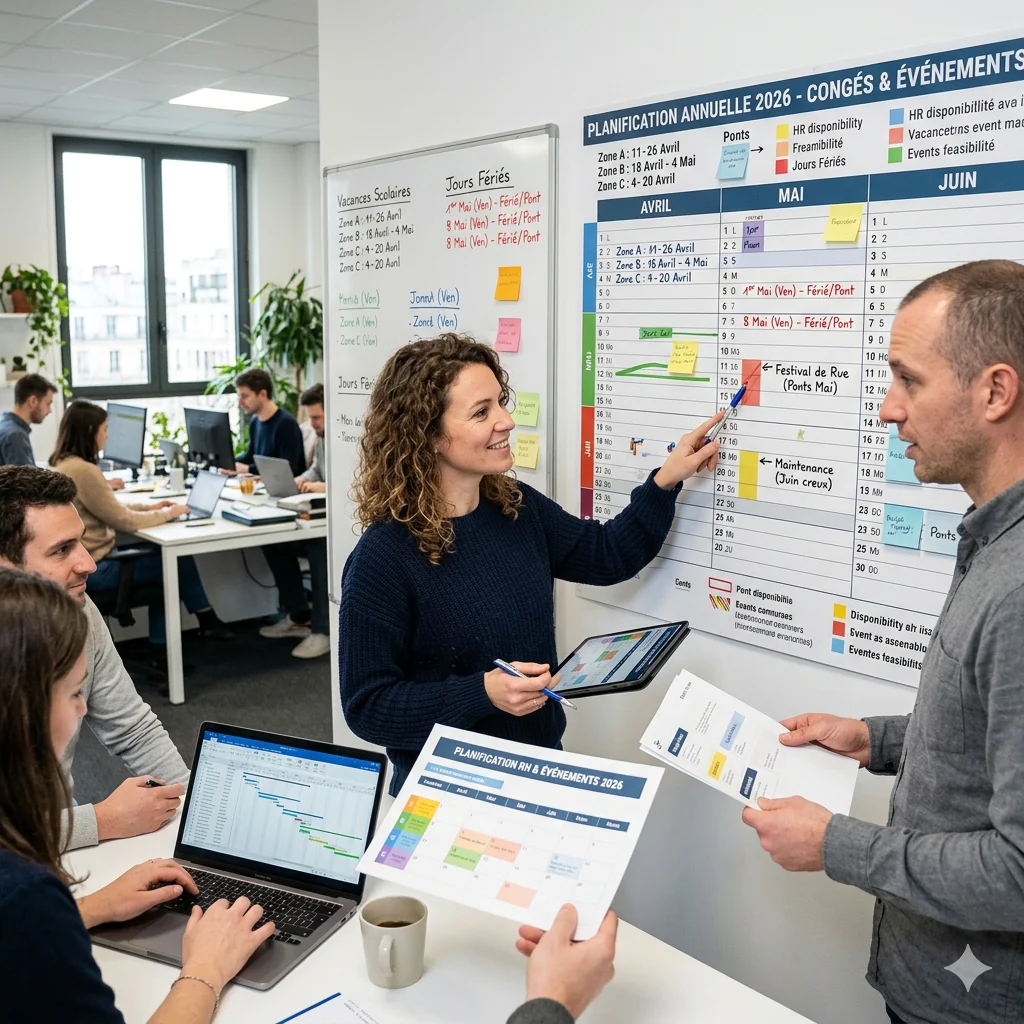 Des collaborateurs en open space discutent de la répartition des ressources devant un grand tableau mural affichant le planning annuel 2026.