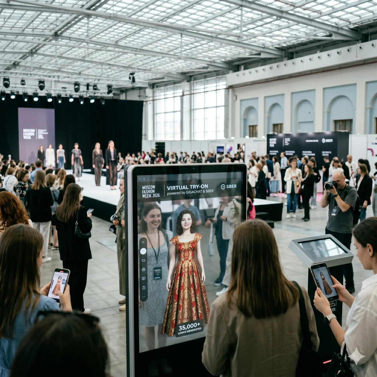 Public en interaction avec des bornes d'essai virtuel lors d'un défilé de mode.