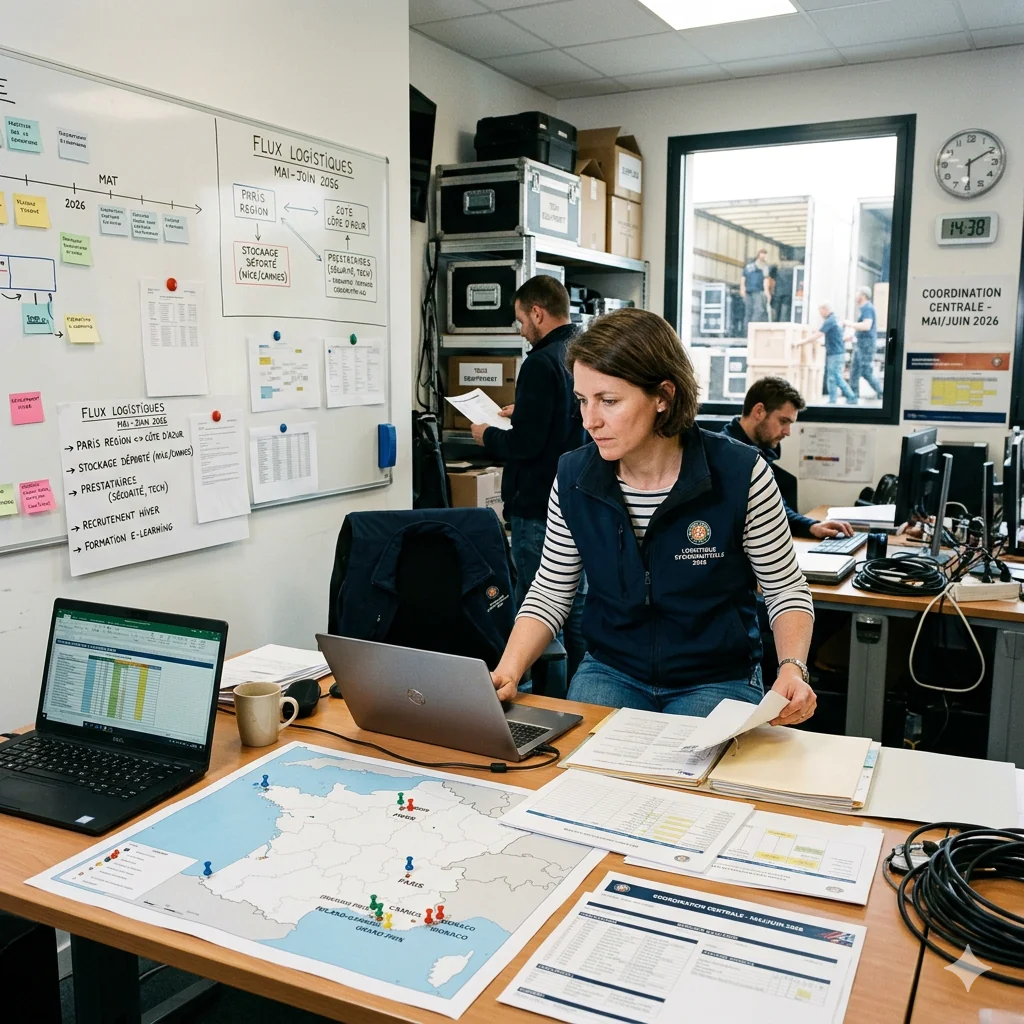 Une femme concentrée analyse des documents et une carte de France sur son bureau dans un bureau de coordination logistique centrale.