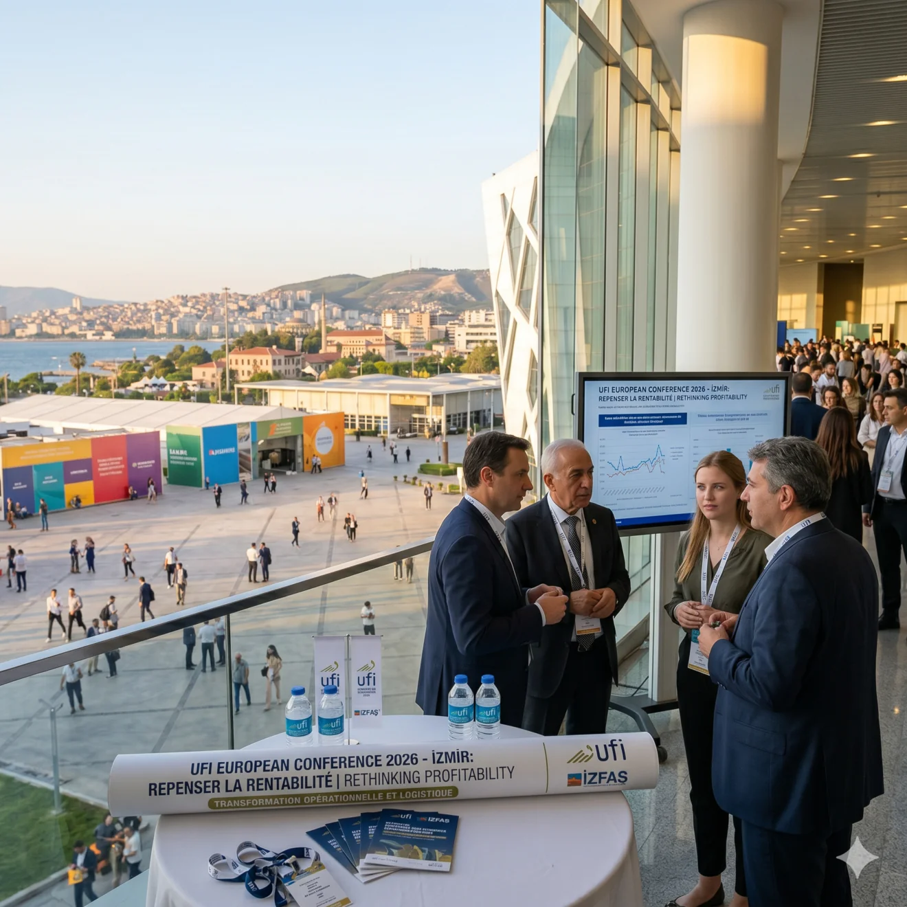 Groupe de décideurs échangeant sur une terrasse panoramique surplombant le parc des expositions d'İzmir.