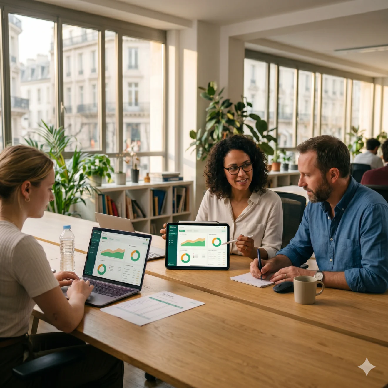 Trois collaborateurs échangent dans un bureau lumineux autour de tableaux de bord financiers affichés sur un ordinateur portable et une tablette.