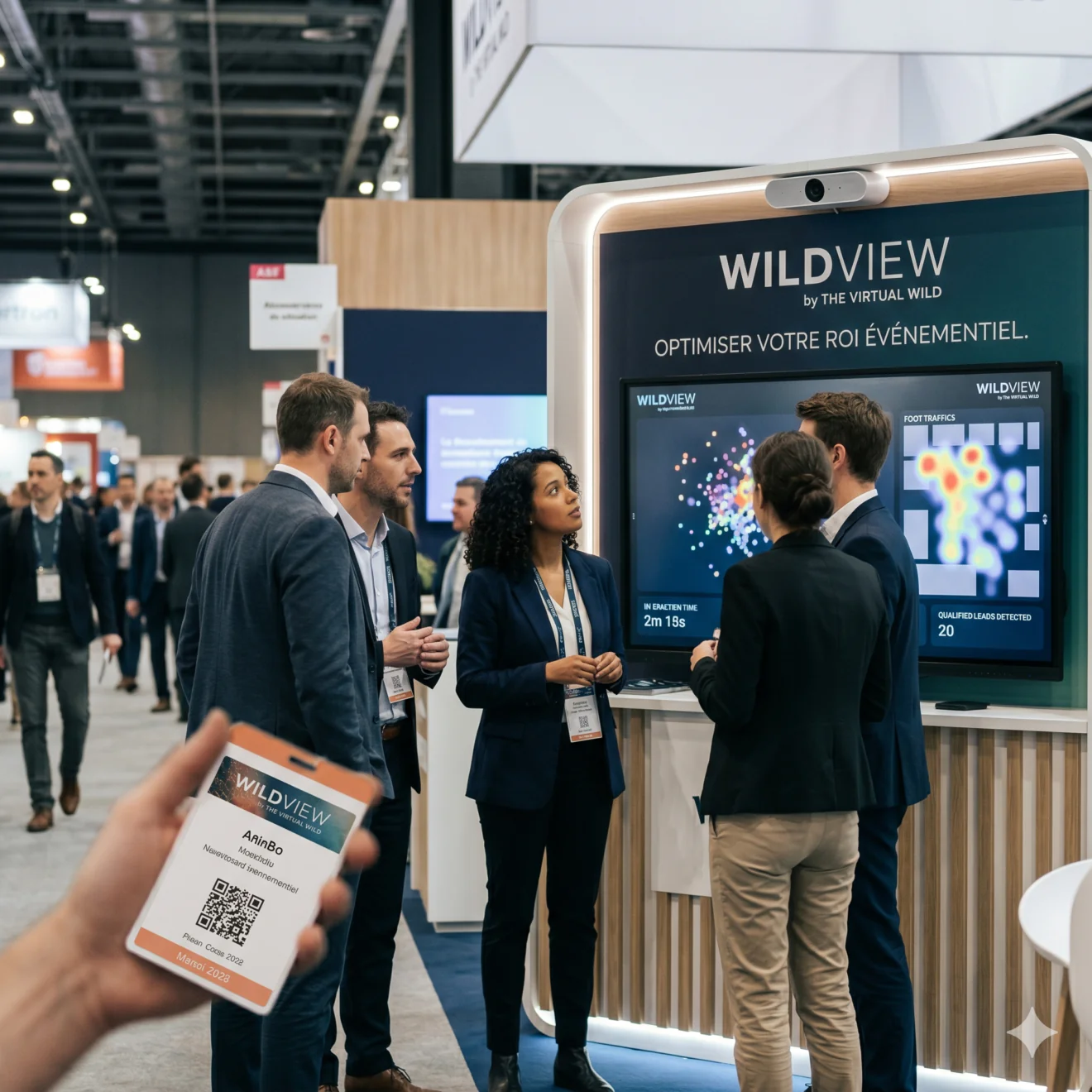Un groupe discute devant un stand "WildView" qui affiche des cartes de chaleur de trafic et de performance.