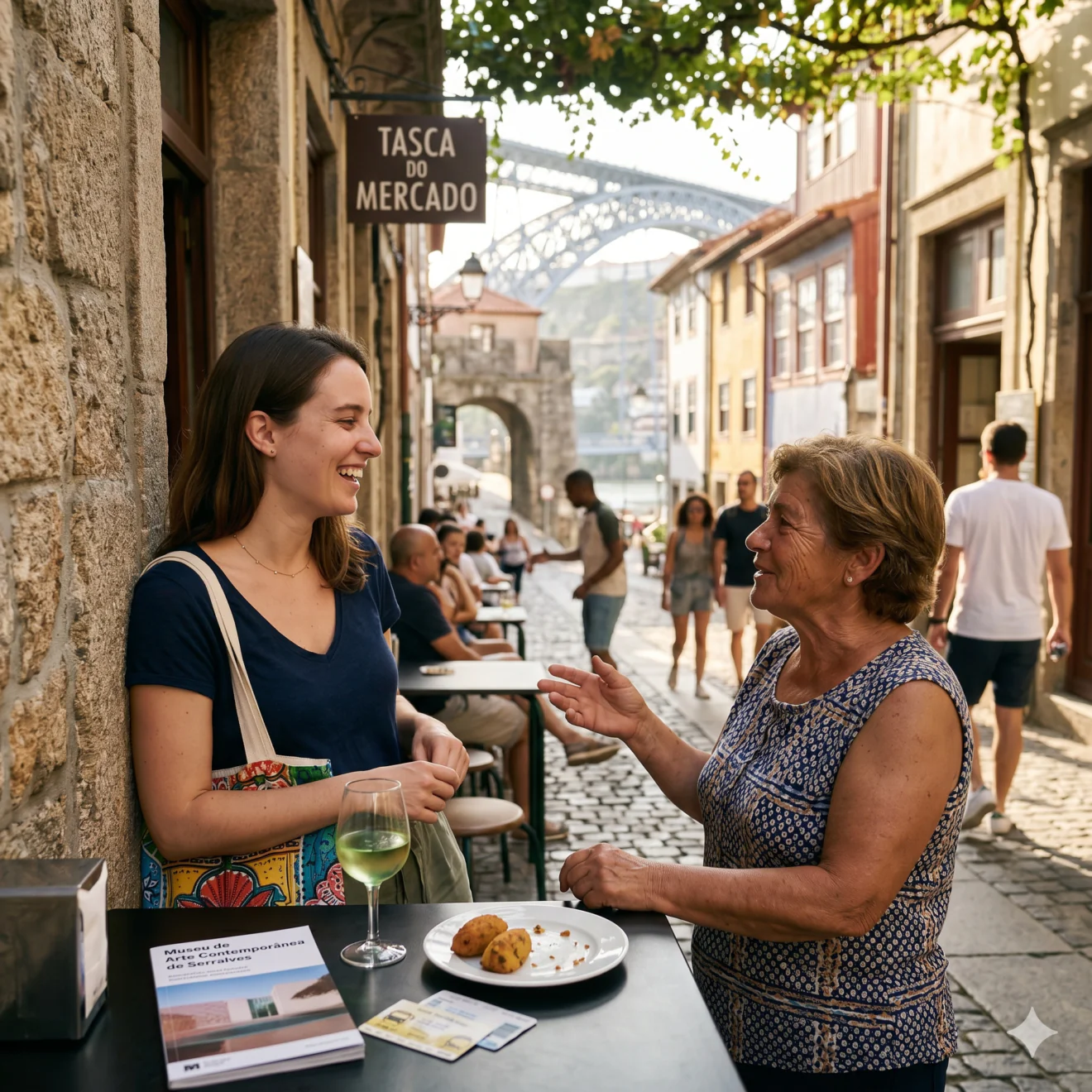 Une voyageuse discute chaleureusement avec une habitante dans une ruelle pavée historique.