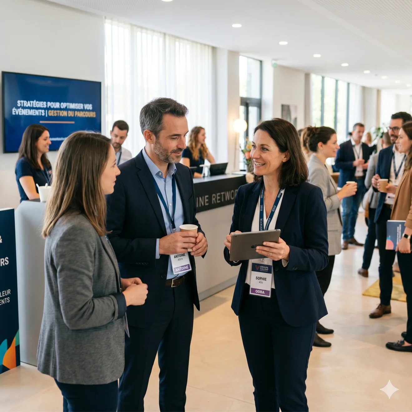 Des professionnels discutent chaleureusement dans le hall d'un événement d'entreprise.